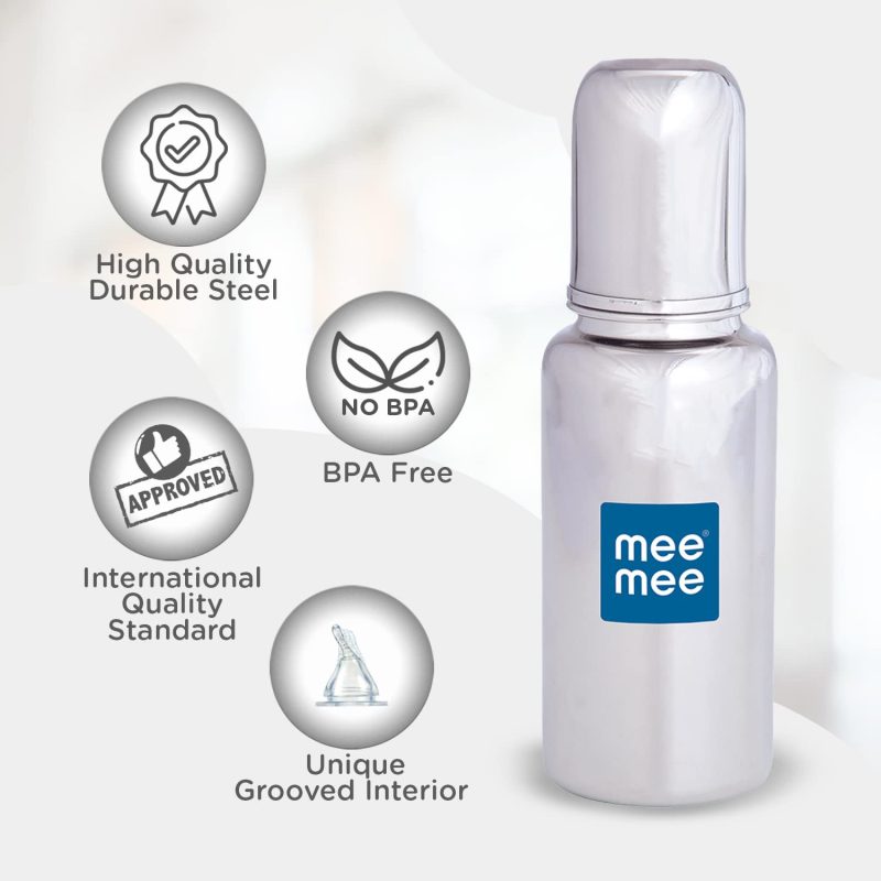 Mee Mee Baby Premium Steel Feeding Bottle with Advanced Anti Colic Valve, BPA Free, Soft Silicone Teat, for Babies_Infants_Newborns of 0-2 Years (Silver, 240ml)-1-min