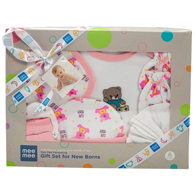 Mee Mee Soft Cotton New Born Baby Gift Set for Baby Boys, Baby Girls _ Baby Clothes Gift Set (Set of 6 Pieces, Pink)-0-min