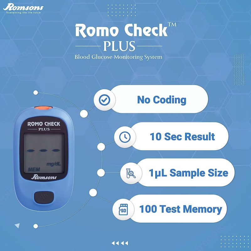 Romsons Romo Check Plus Blood Glucose Meter (Glucometer)-5-min